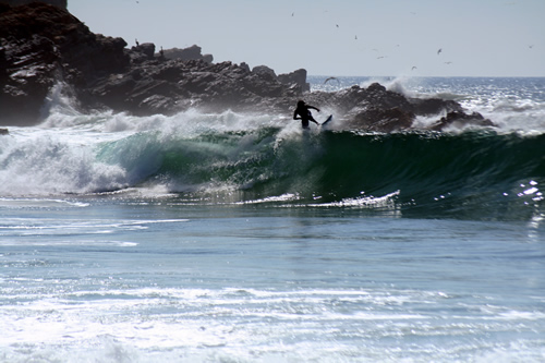 Man surfing over wave at point break, Baja California Sur