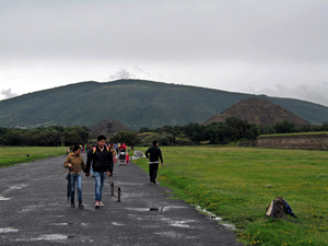 Visitors walking around the Teotihuacan Ruins in Mexico